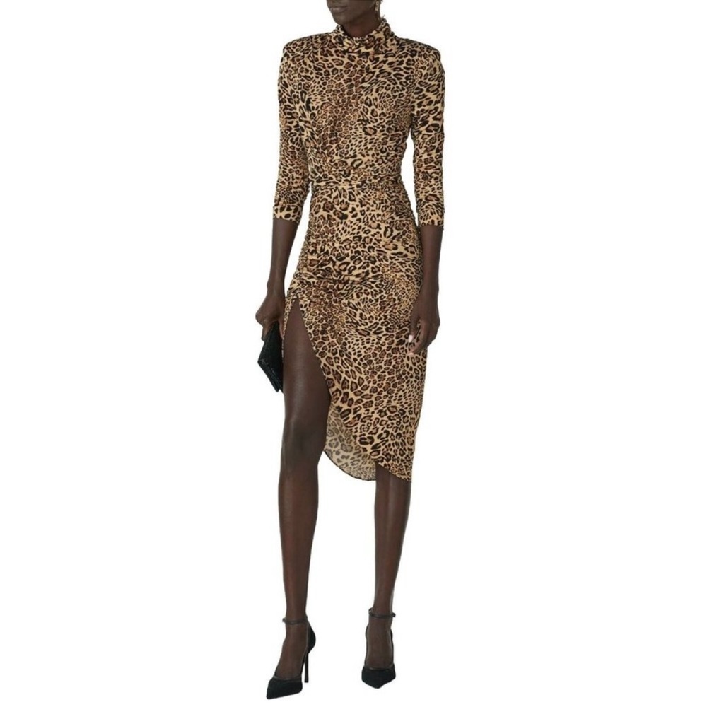 $458 RONNY KOBO Revolve Womens Brown Cheetah Bruna Mock Neck Long Sleeve Dress
